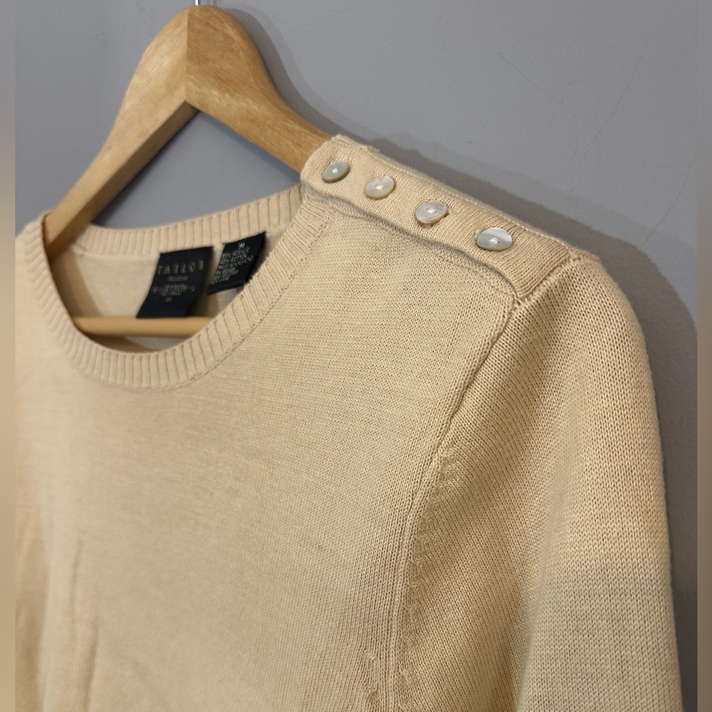 Tailor B Moss Tan Classic Sweater Women's Size Medium Button Shoulder